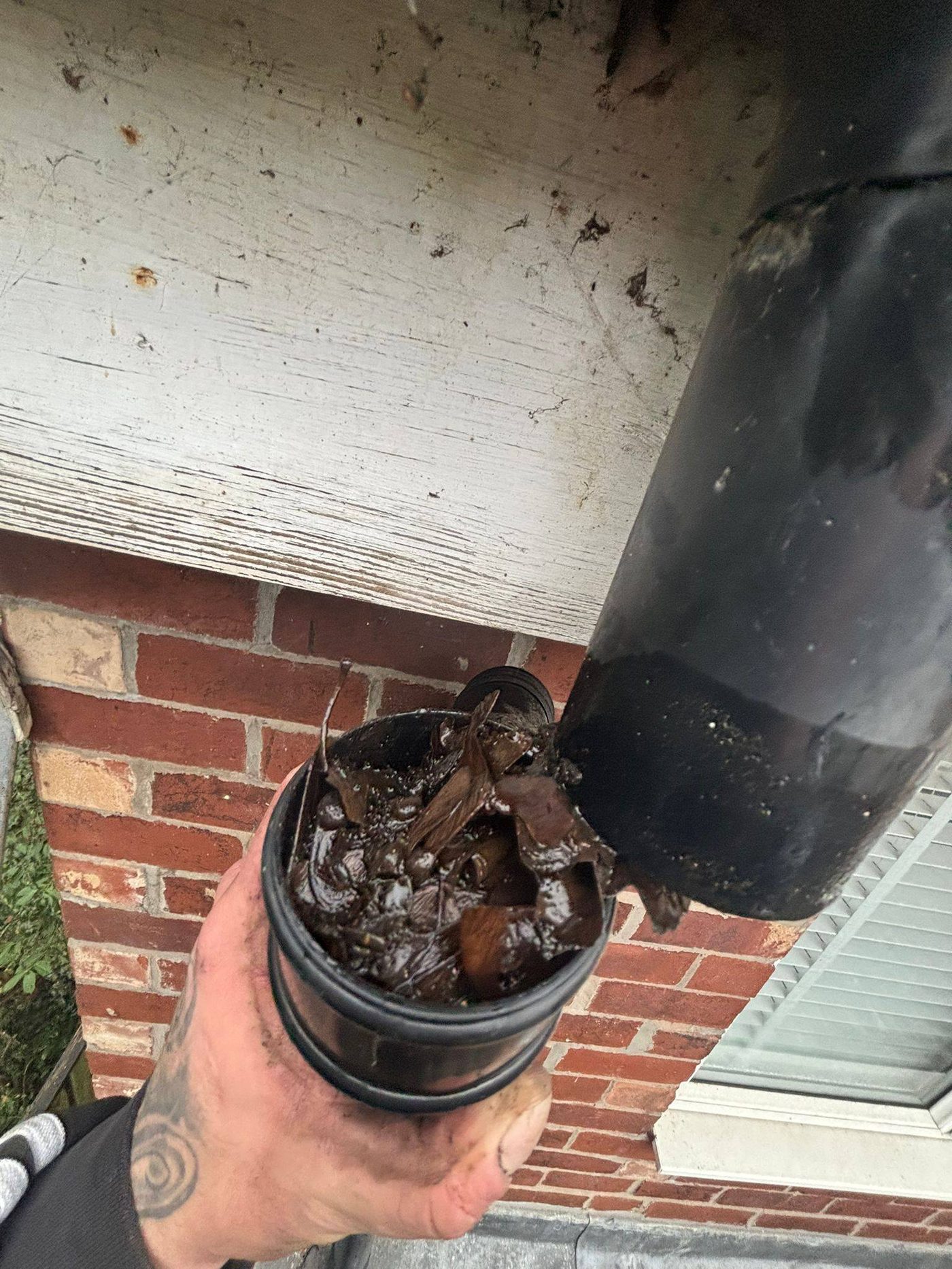 Hand holding a section of downpipe blocked solid with leaves and debris pulled out